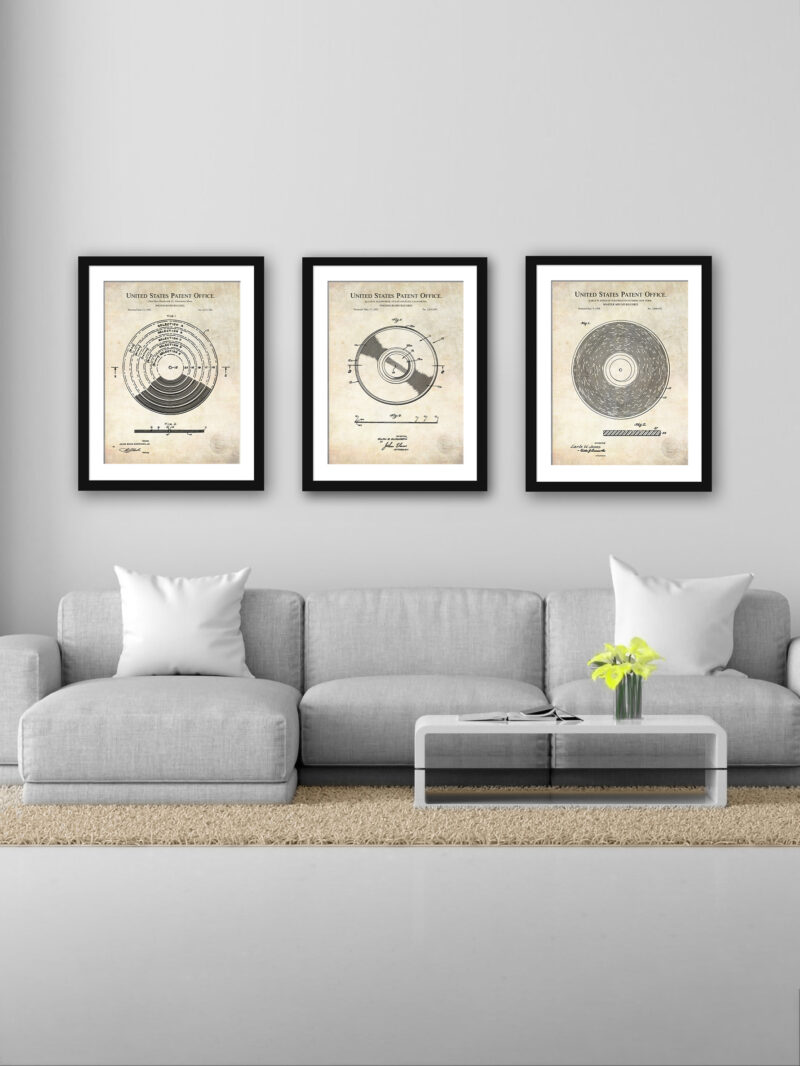 Vintage phonograph record patent illustrations set.