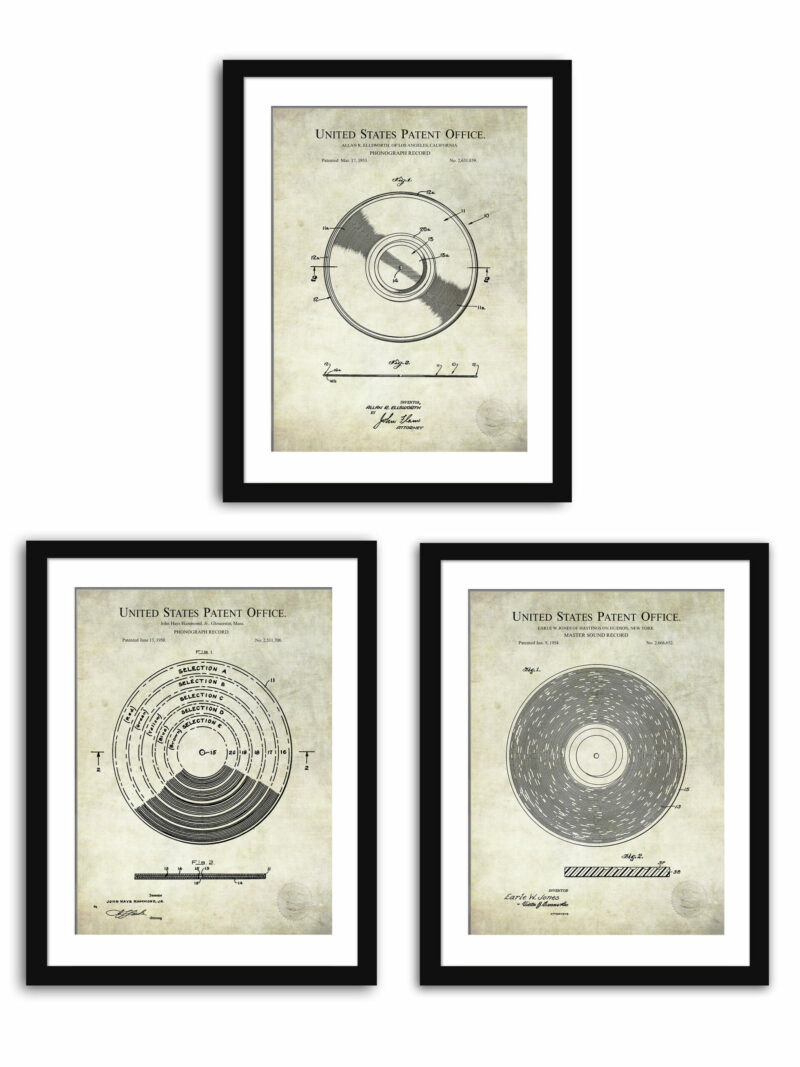Vintage phonograph record patent illustrations set.