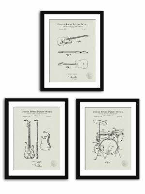 Set of vintage music instrument patent illustrations.