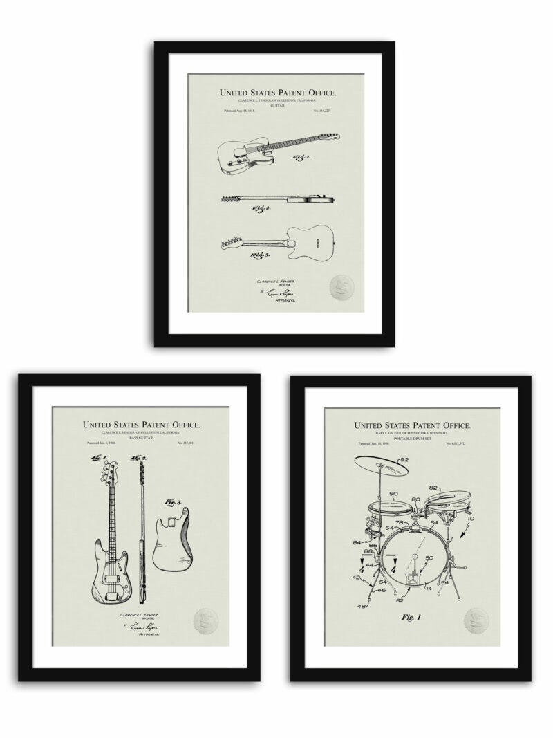Set of vintage music instrument patent illustrations.