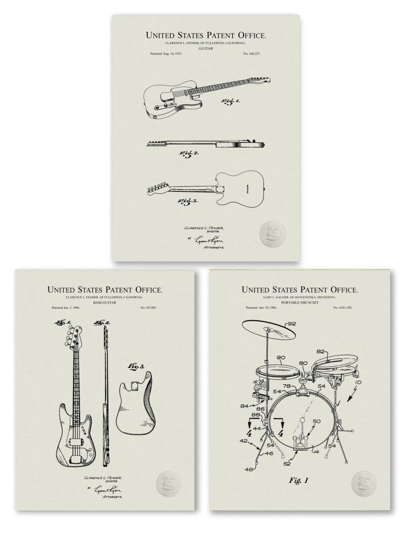 Set of vintage music instrument patent illustrations.