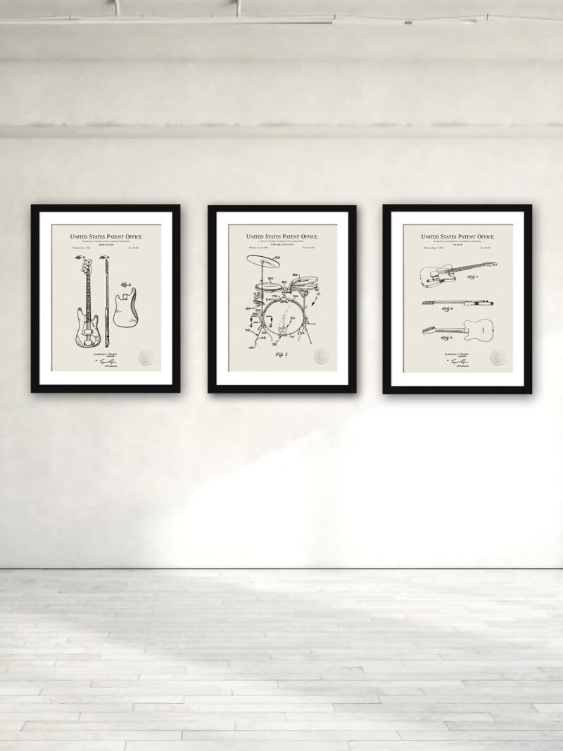 Set of vintage music instrument patent illustrations.