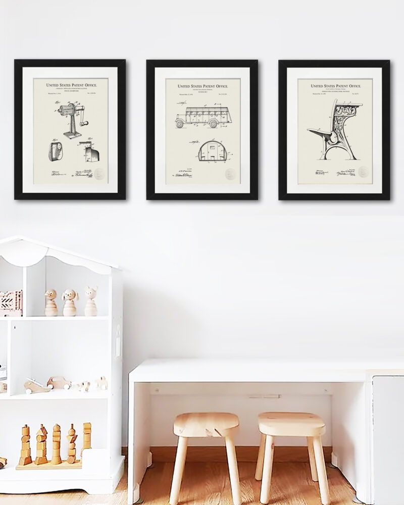 Collection of three vintage school-related patent illustrations.