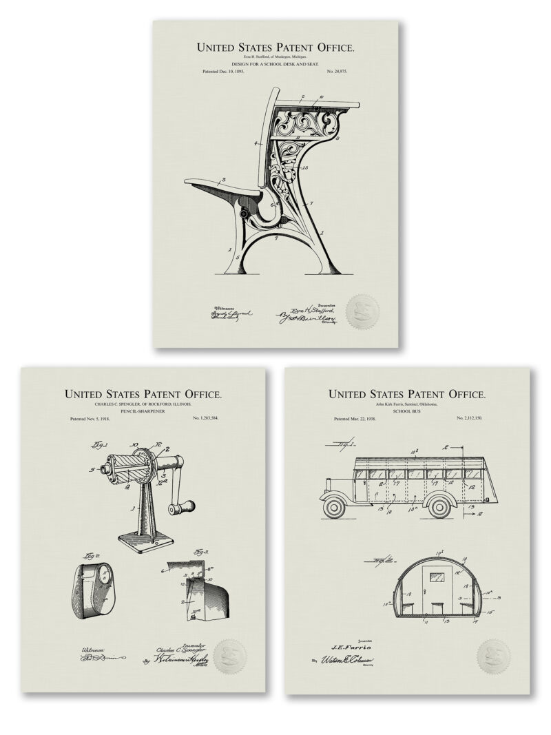 Collection of three vintage school-related patent illustrations.