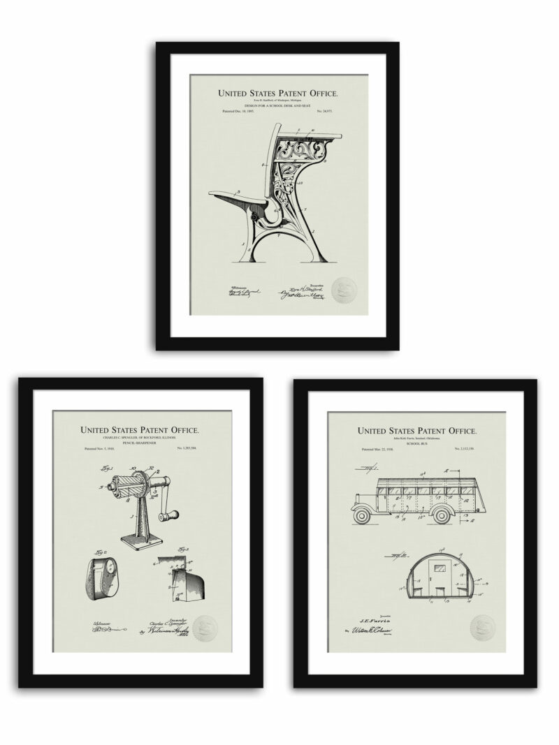 Collection of three vintage school-related patent illustrations.