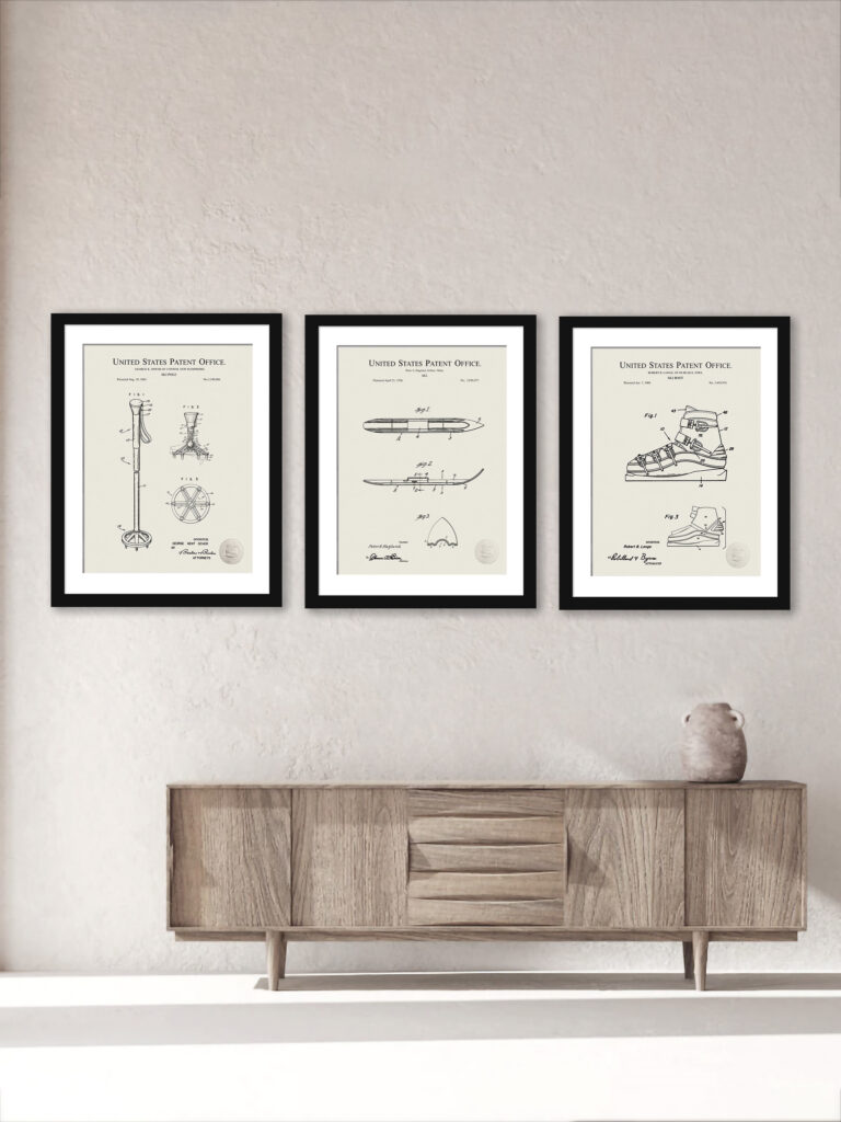 Collection of vintage ski patent prints including ski, ski pole, and ski boot.