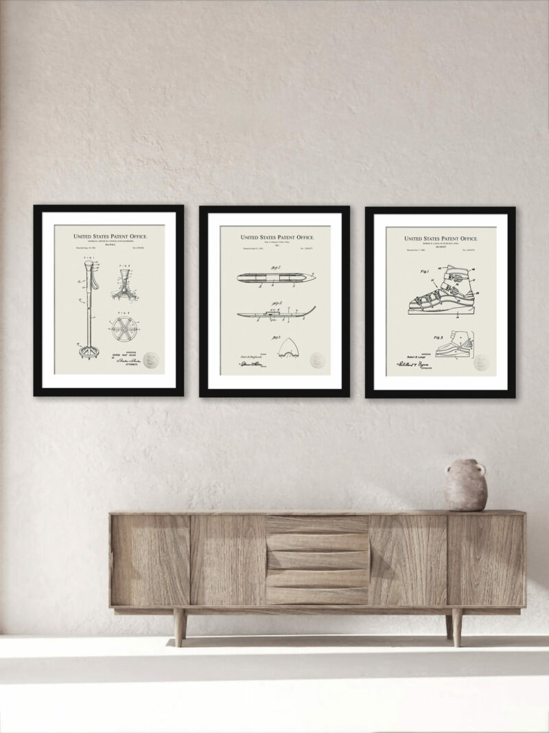 Collection of vintage ski patent prints including ski, ski pole, and ski boot.