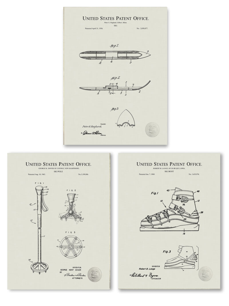 Collection of vintage ski patent prints including ski, ski pole, and ski boot.