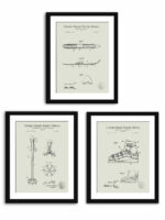 Collection of vintage ski patent prints including ski, ski pole, and ski boot.
