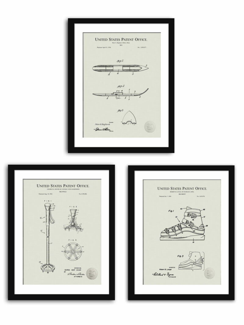 Collection of vintage ski patent prints including ski, ski pole, and ski boot.