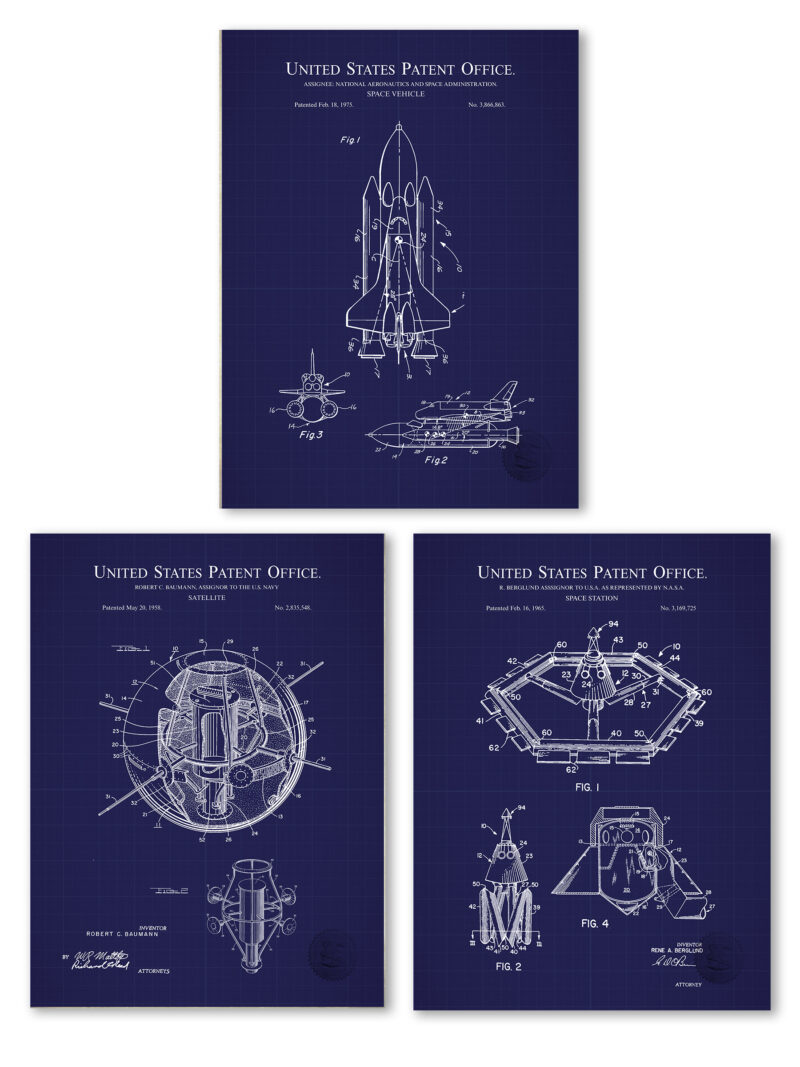 Collection of three vintage space exploration patent prints, featuring designs from 1958, 1965, and 1975.