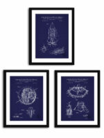 Collection of three vintage space exploration patent prints, featuring designs from 1958, 1965, and 1975.