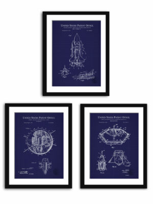 Collection of three vintage space exploration patent prints, featuring designs from 1958, 1965, and 1975.
