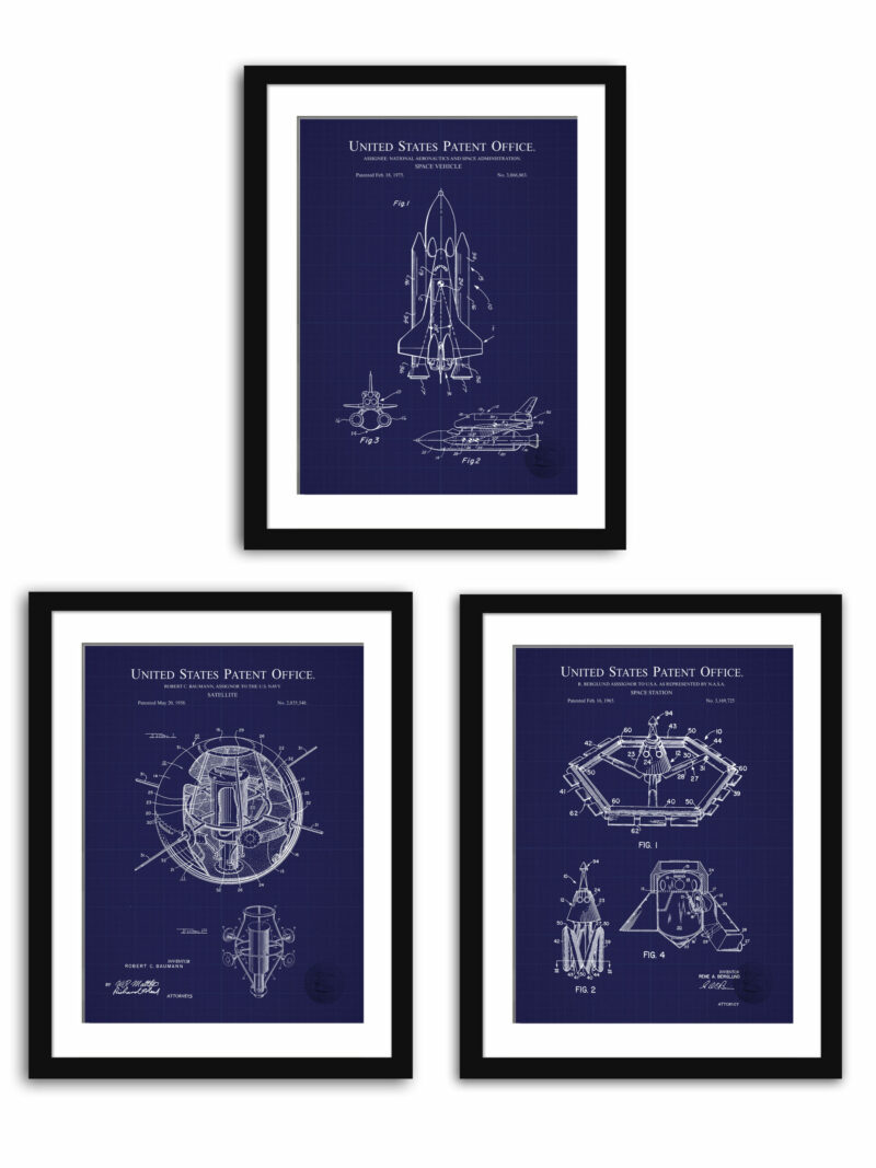 Collection of three vintage space exploration patent prints, featuring designs from 1958, 1965, and 1975.