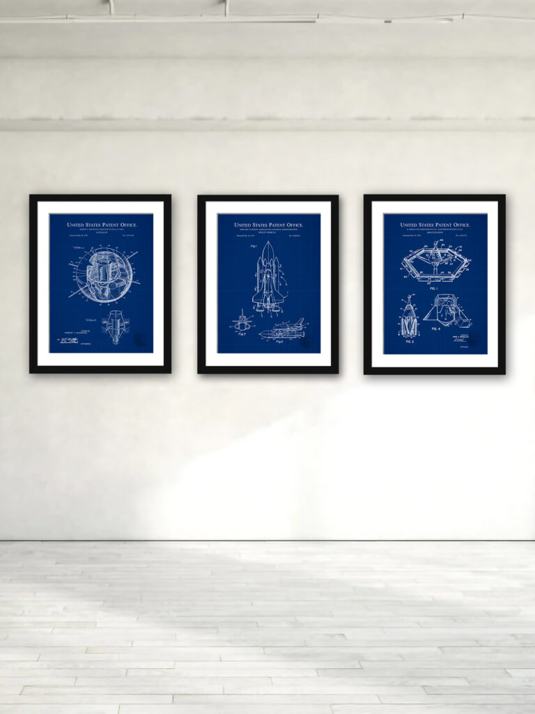 Collection of three vintage space exploration patent prints, featuring designs from 1958, 1965, and 1975.
