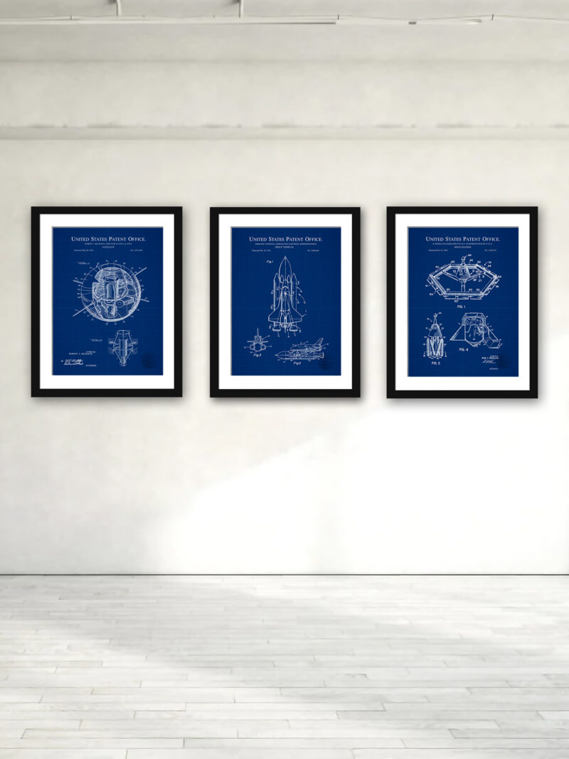 Collection of three vintage space exploration patent prints, featuring designs from 1958, 1965, and 1975.
