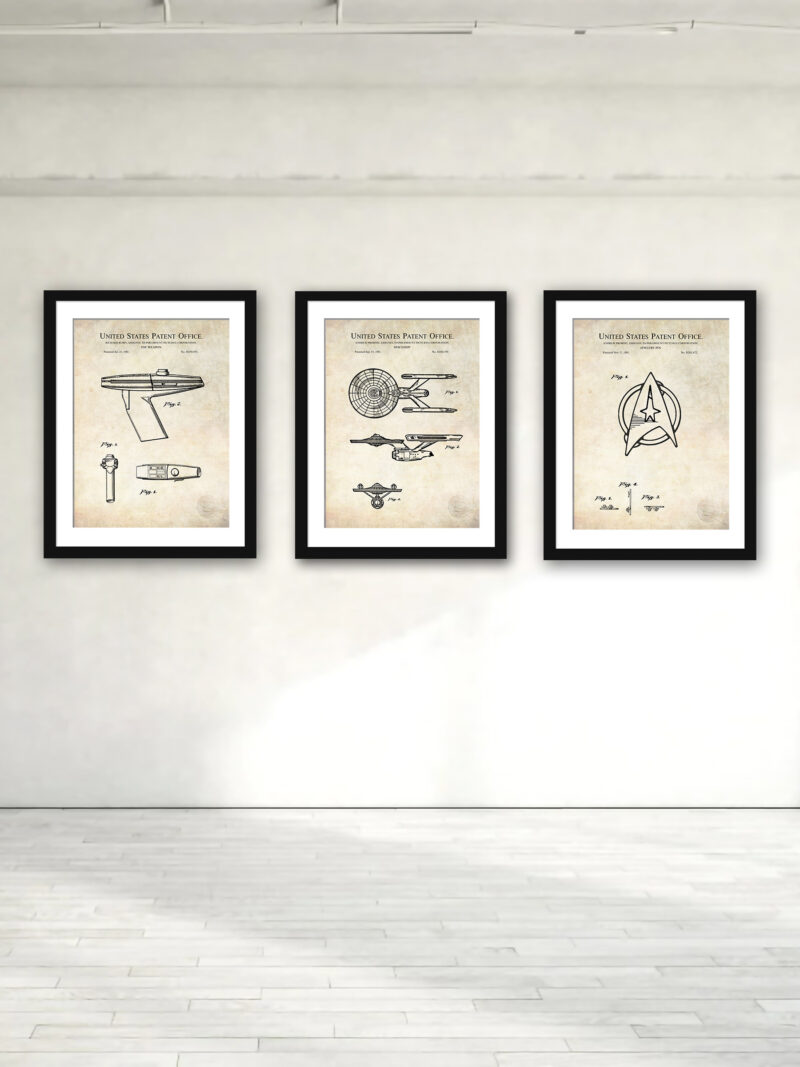 Set of three Star Trek patent prints from Paramount Pictures featuring a toy weapon, spaceship, and jewelry pin.