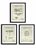 Set of three Star Trek patent prints from Paramount Pictures featuring a toy weapon, spaceship, and jewelry pin.