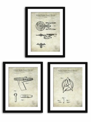 Set of three Star Trek patent prints from Paramount Pictures featuring a toy weapon, spaceship, and jewelry pin.