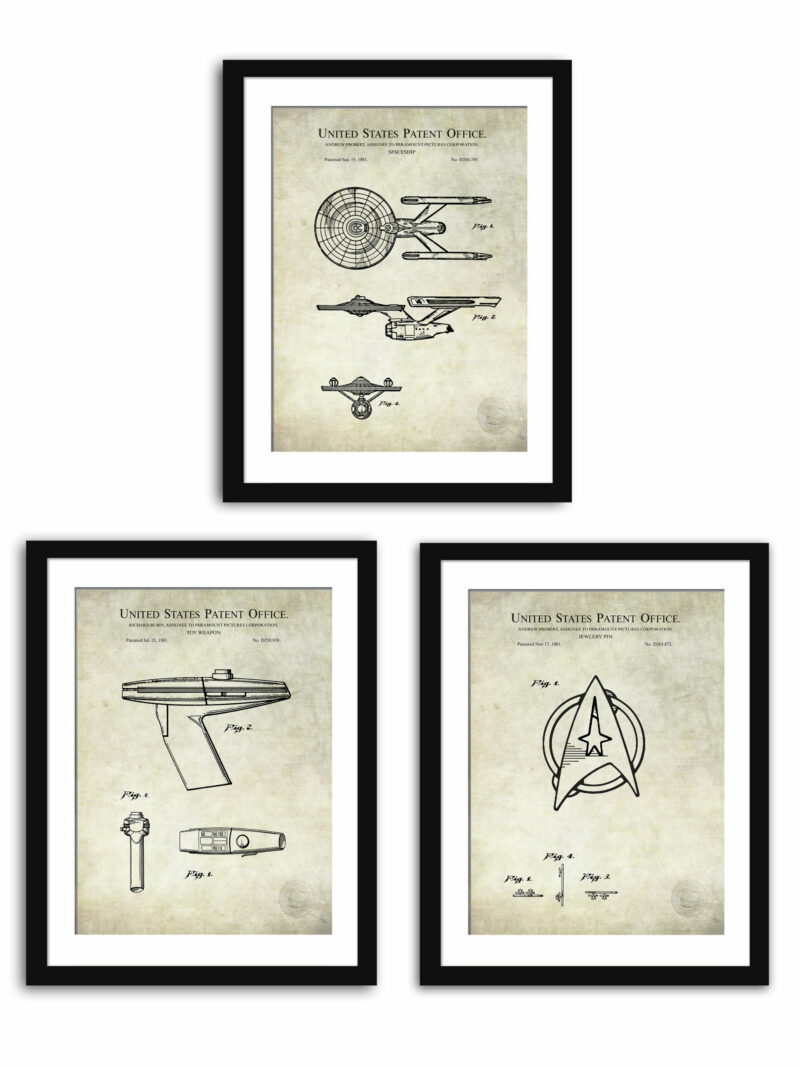 Set of three Star Trek patent prints from Paramount Pictures featuring a toy weapon, spaceship, and jewelry pin.