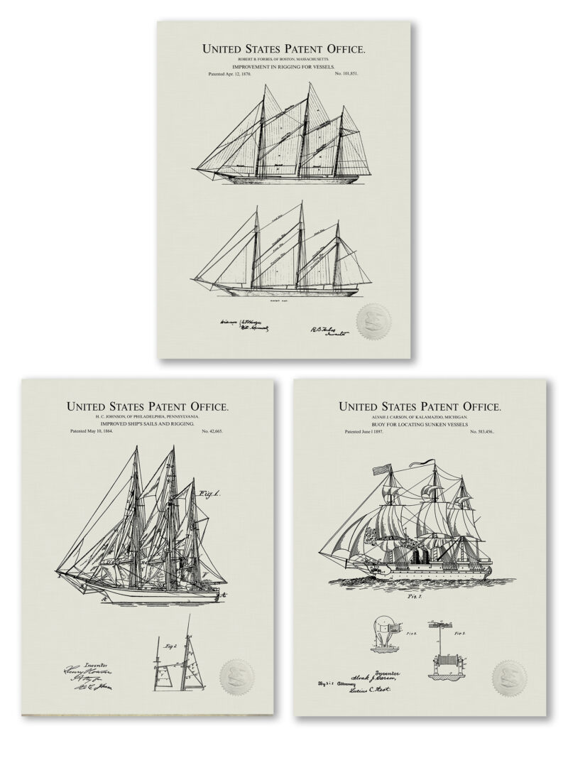 Collection of three vintage sailing ships patents including detailed diagrams of ship's sails, rigging, and sunken vessel locating buoy.