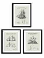 Collection of three vintage sailing ships patents including detailed diagrams of ship's sails, rigging, and sunken vessel locating buoy.