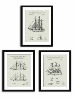 Collection of three vintage sailing ships patents including detailed diagrams of ship's sails, rigging, and sunken vessel locating buoy.