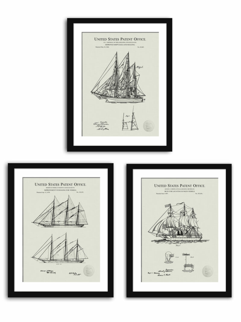 Collection of three vintage sailing ships patents including detailed diagrams of ship's sails, rigging, and sunken vessel locating buoy.