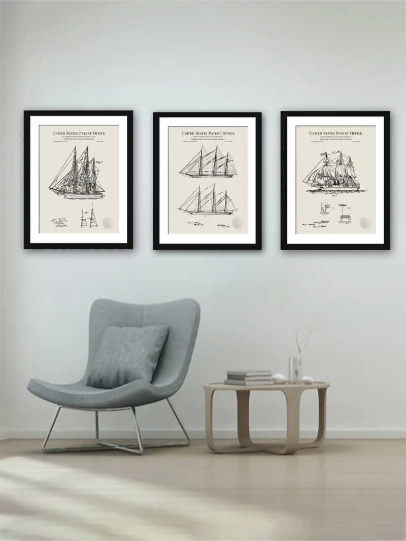 Collection of three vintage sailing ships patents including detailed diagrams of ship's sails, rigging, and sunken vessel locating buoy.