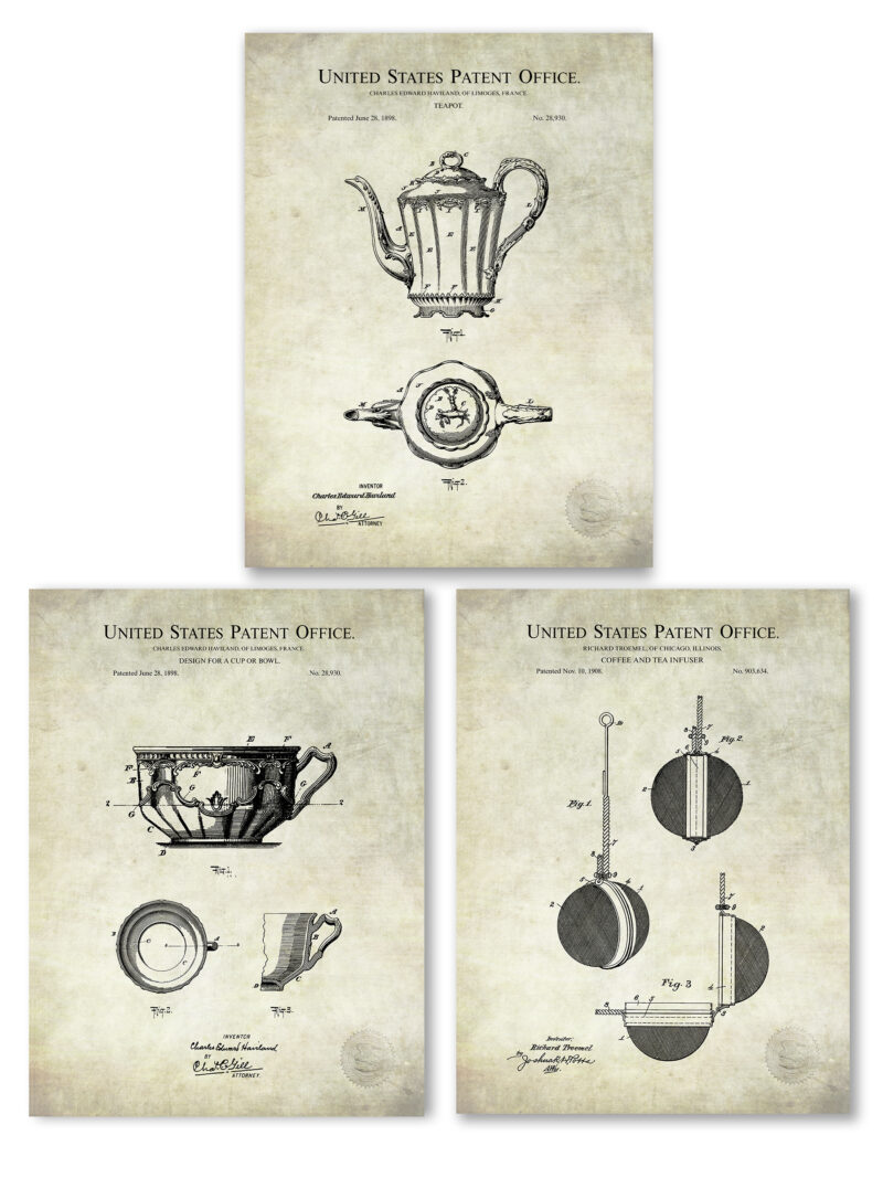 Vintage tea-related patent prints featuring designs of a teapot, tea cup, and tea infuser from the late 19th and early 20th centuries.