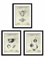 Vintage tea-related patent prints featuring designs of a teapot, tea cup, and tea infuser from the late 19th and early 20th centuries.