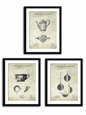 Vintage tea-related patent prints featuring designs of a teapot, tea cup, and tea infuser from the late 19th and early 20th centuries.