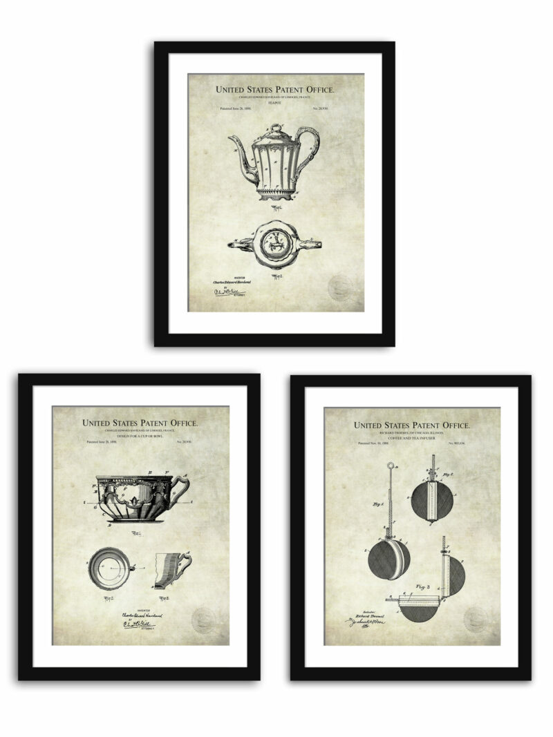 Vintage tea-related patent prints featuring designs of a teapot, tea cup, and tea infuser from the late 19th and early 20th centuries.