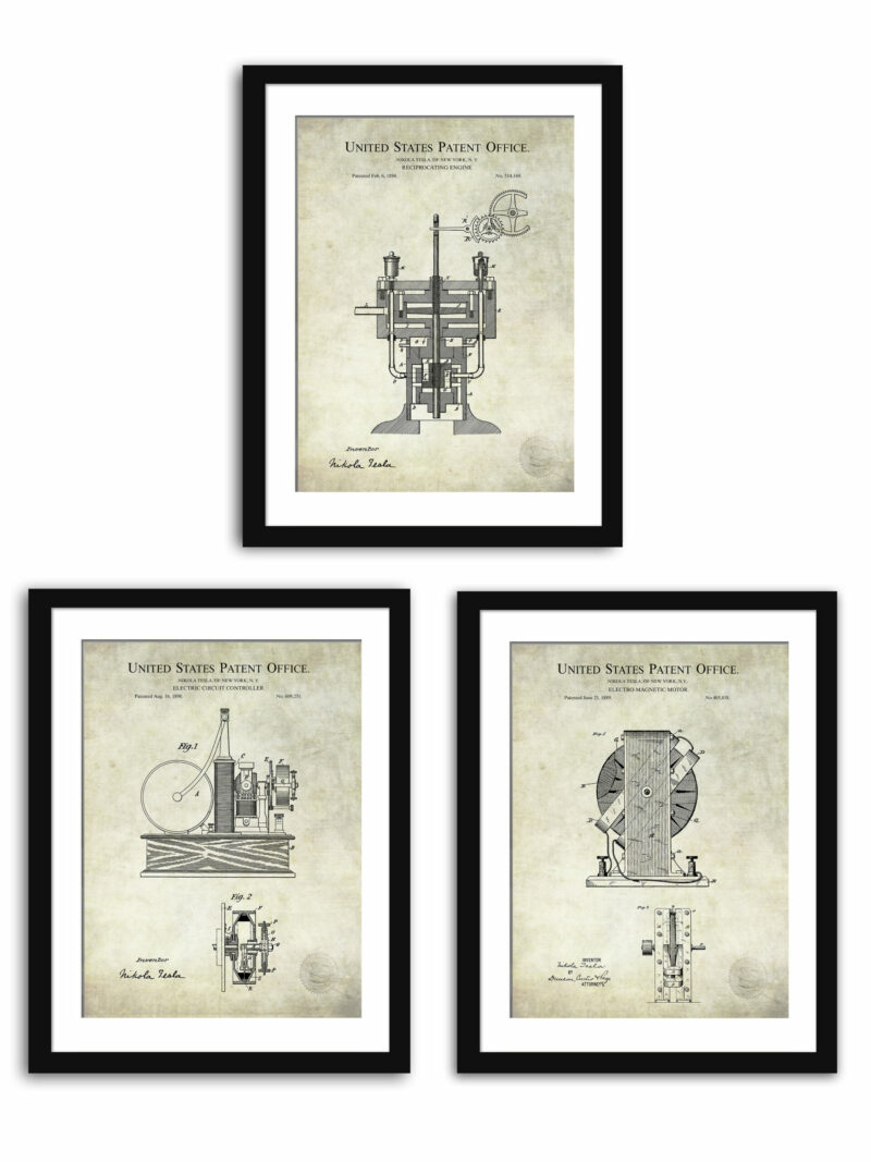 Collection of three Nikola Tesla patent illustrations, featuring engineering and scientific inventions.