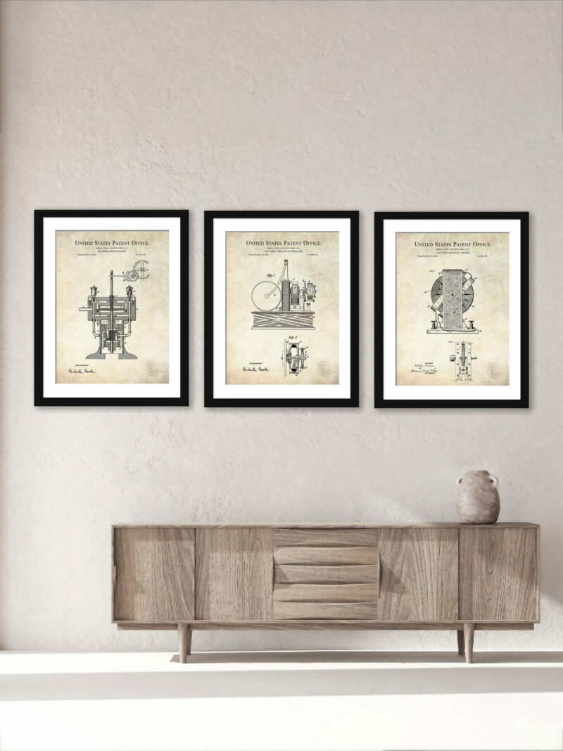 Collection of three Nikola Tesla patent illustrations, featuring engineering and scientific inventions.