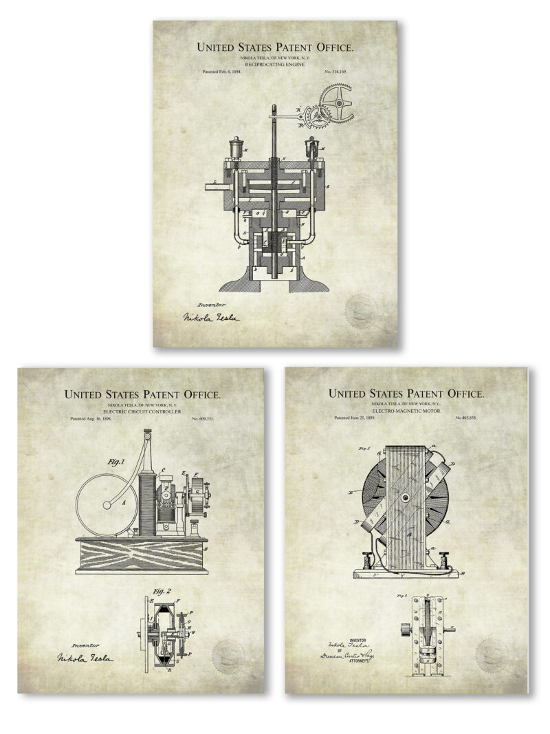 Collection of three Nikola Tesla patent illustrations, featuring engineering and scientific inventions.