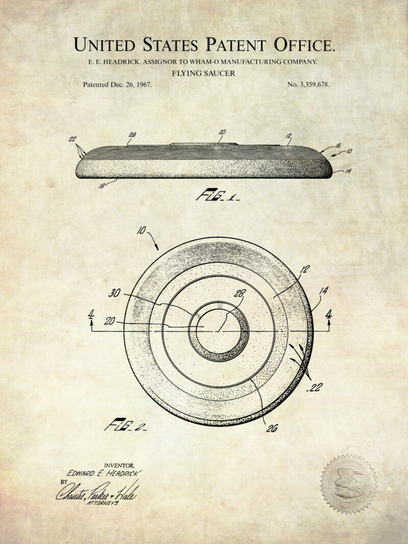 Collection of three vintage toy patent prints including a slinky, frisbee, and yoyo.