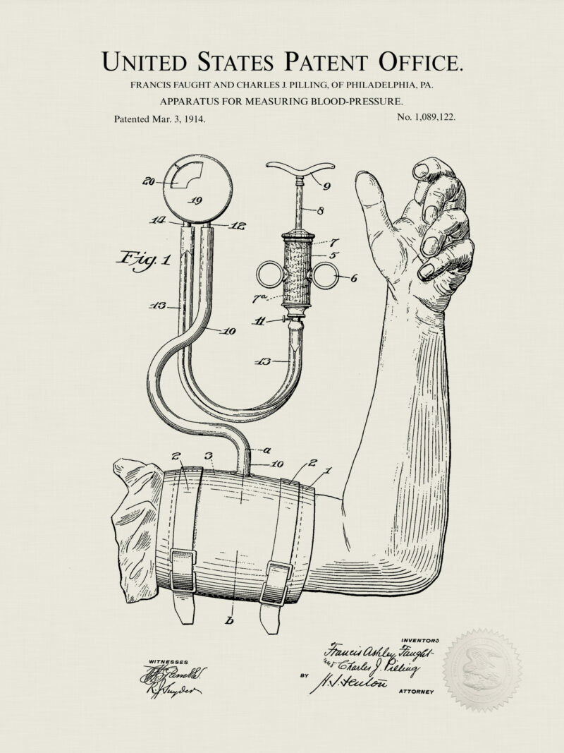 Set of three vintage medical patent illustrations, featuring a stethoscope, blood-pressure apparatus, and percussion-hammer.