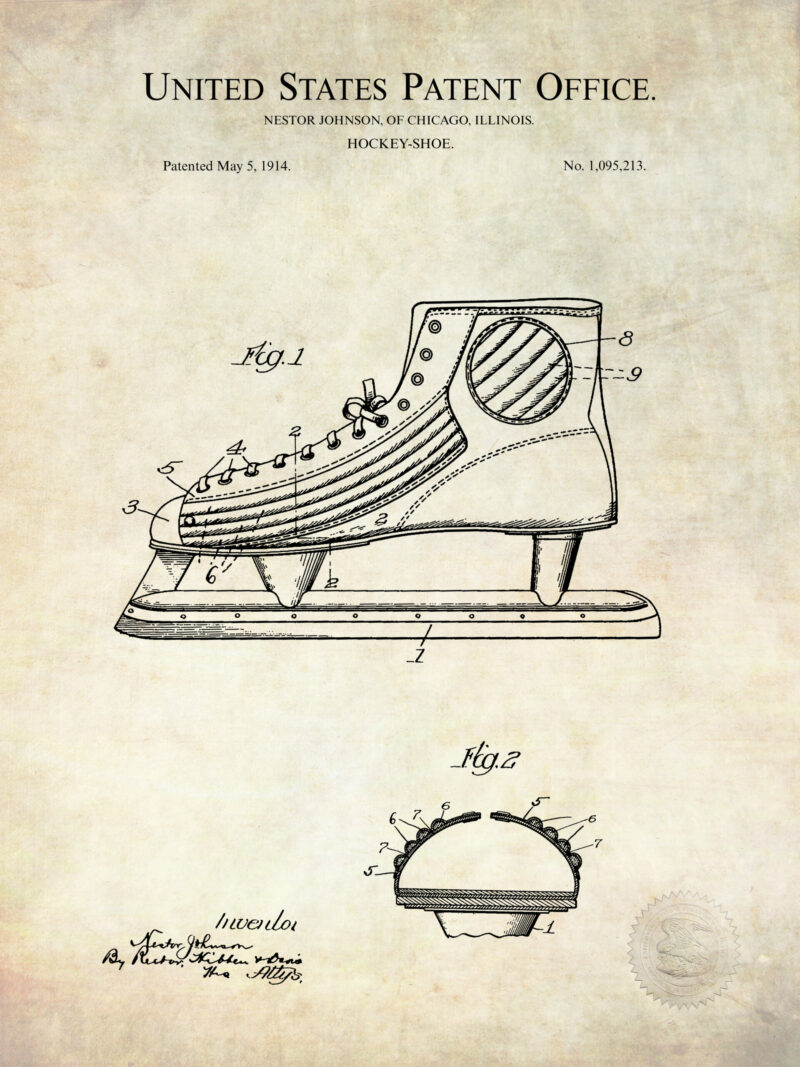 Set of three vintage hockey equipment patent illustrations.
