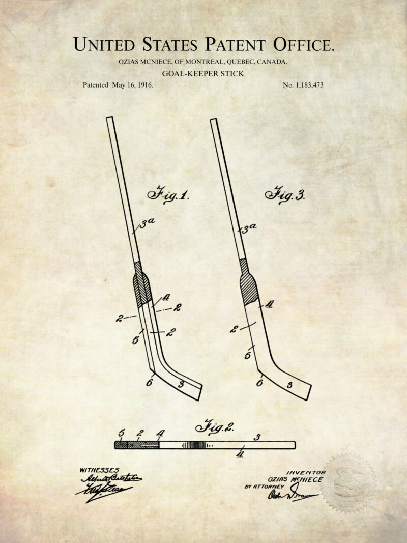 Set of three vintage hockey goalie equipment patent illustrations.