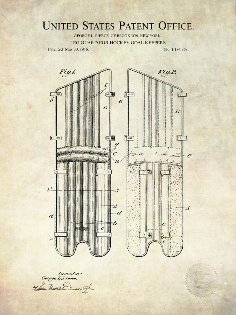 Set of three vintage hockey goalie equipment patent illustrations.