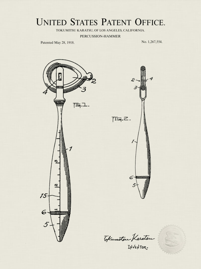 Set of three vintage medical patent illustrations, featuring a stethoscope, blood-pressure apparatus, and percussion-hammer.