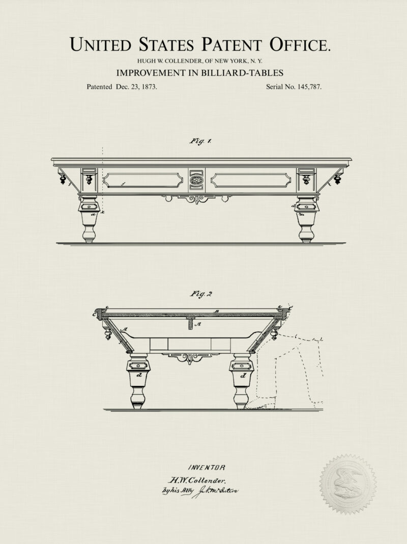 Collection of three vintage billiard equipment patent illustrations.