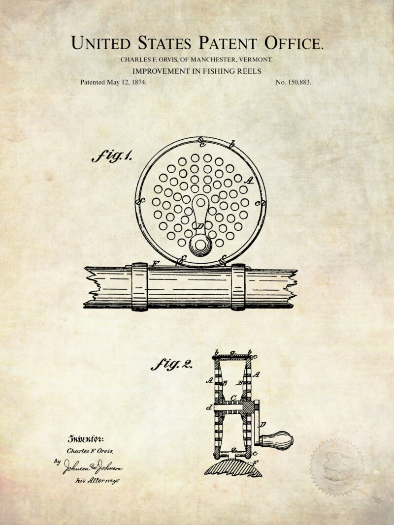 Collection of three vintage fishing patent illustrations.