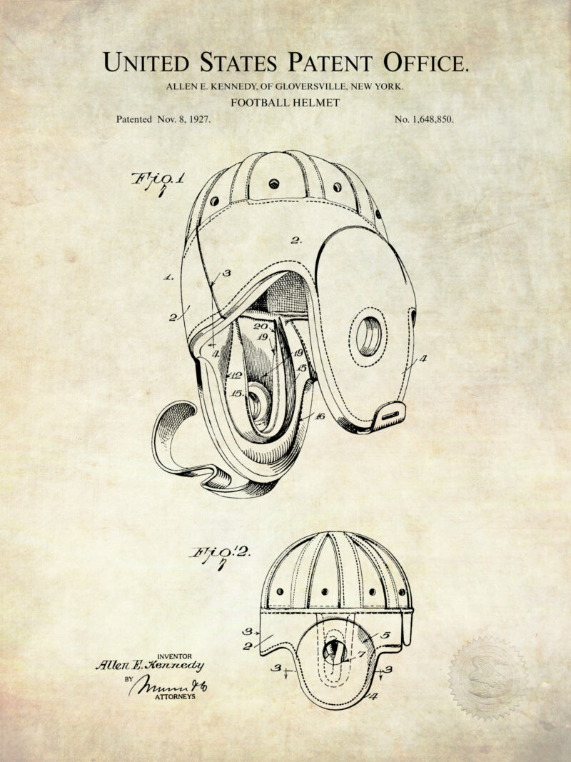 Collection of three vintage football patent prints, including a jacket, helmet, and game ball.