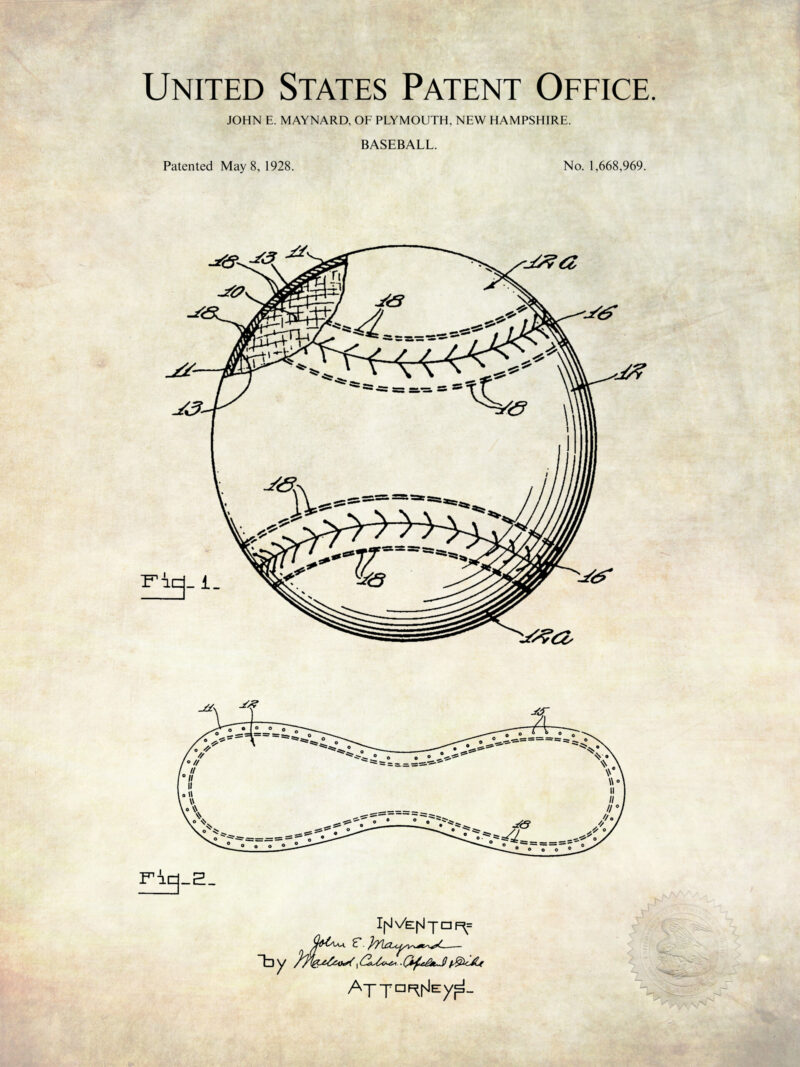 Vintage Baseball Patent Art featuring Glove, Ball, and Bat