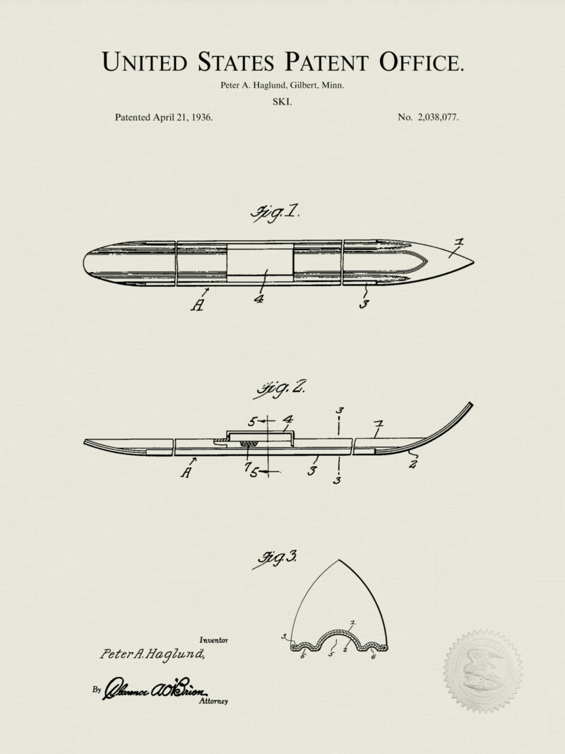 Collection of vintage ski patent prints including ski, ski pole, and ski boot.