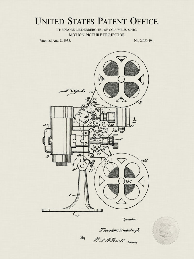 Set of three vintage cinema patent drawings, including a projector, camera, and clapboard.