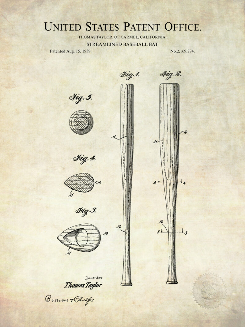 Vintage Baseball Patent Art featuring Glove, Ball, and Bat