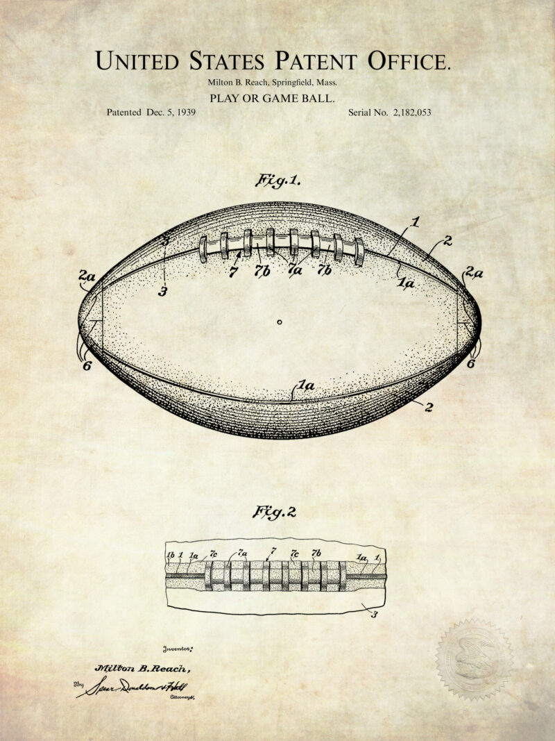 Collection of three vintage football patent prints, including a jacket, helmet, and game ball.